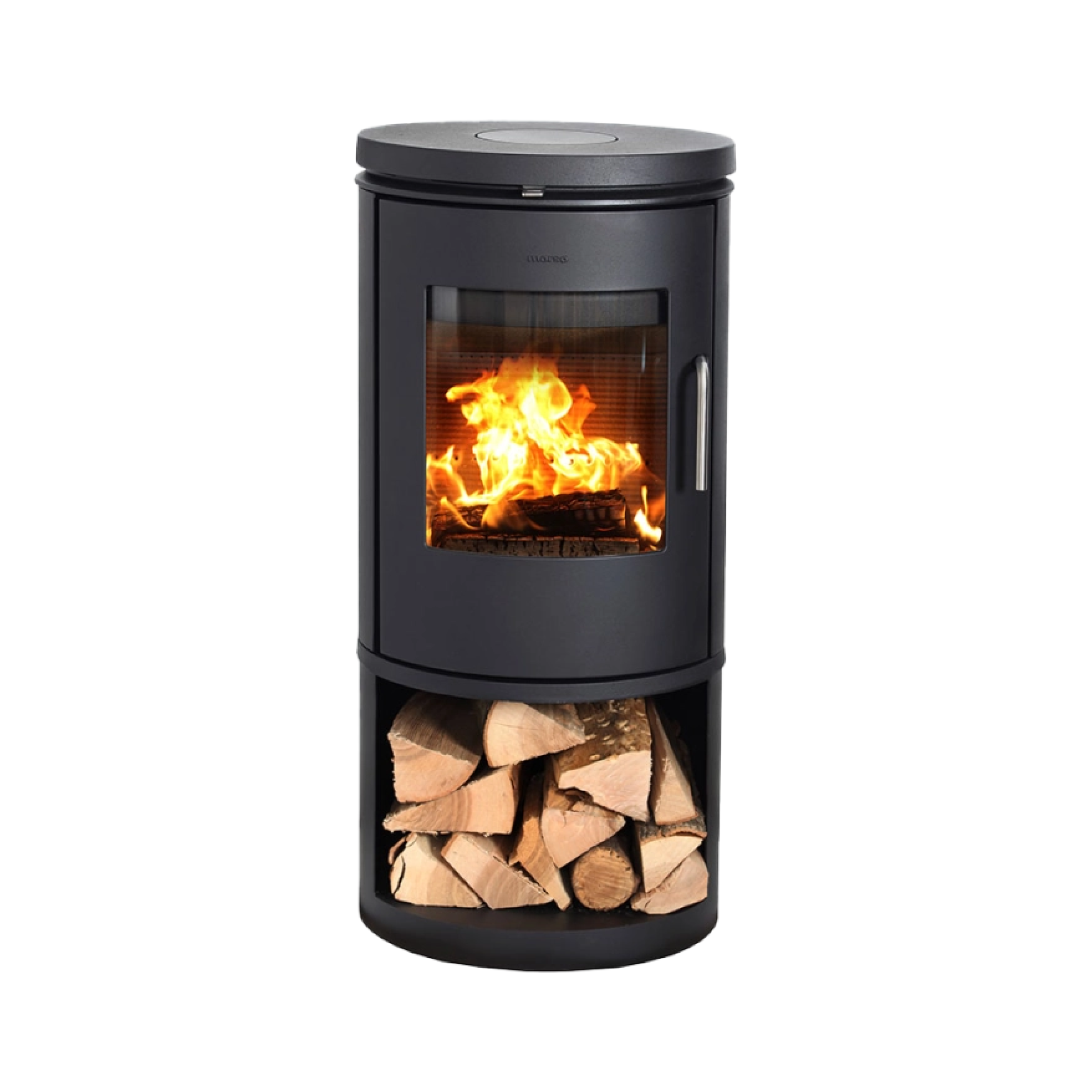 Black wood stove with glass front and built-in log storage compartment, burning fire visible
