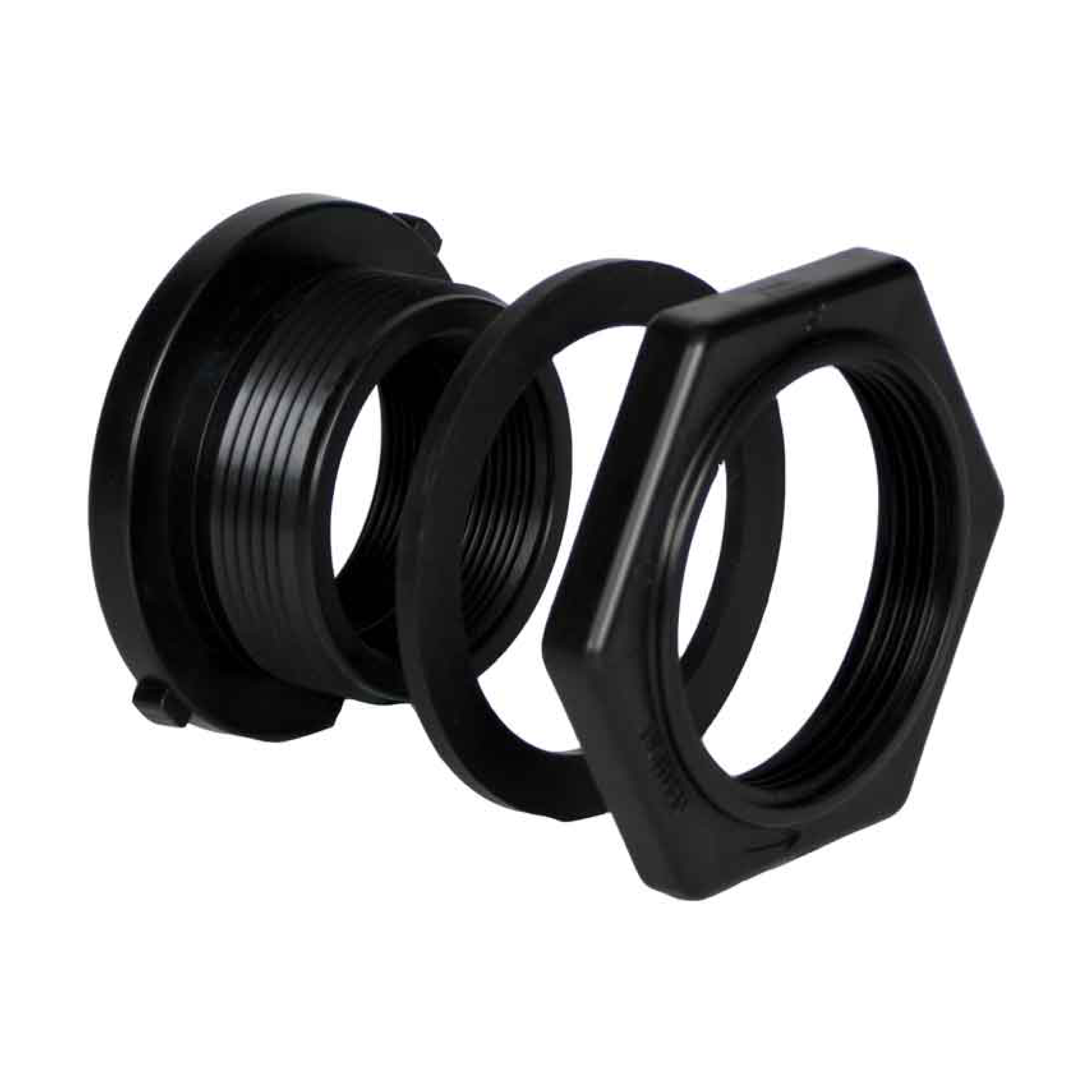 1-inch Norwesco bulkhead fitting, black plastic, threaded male ends and nut
