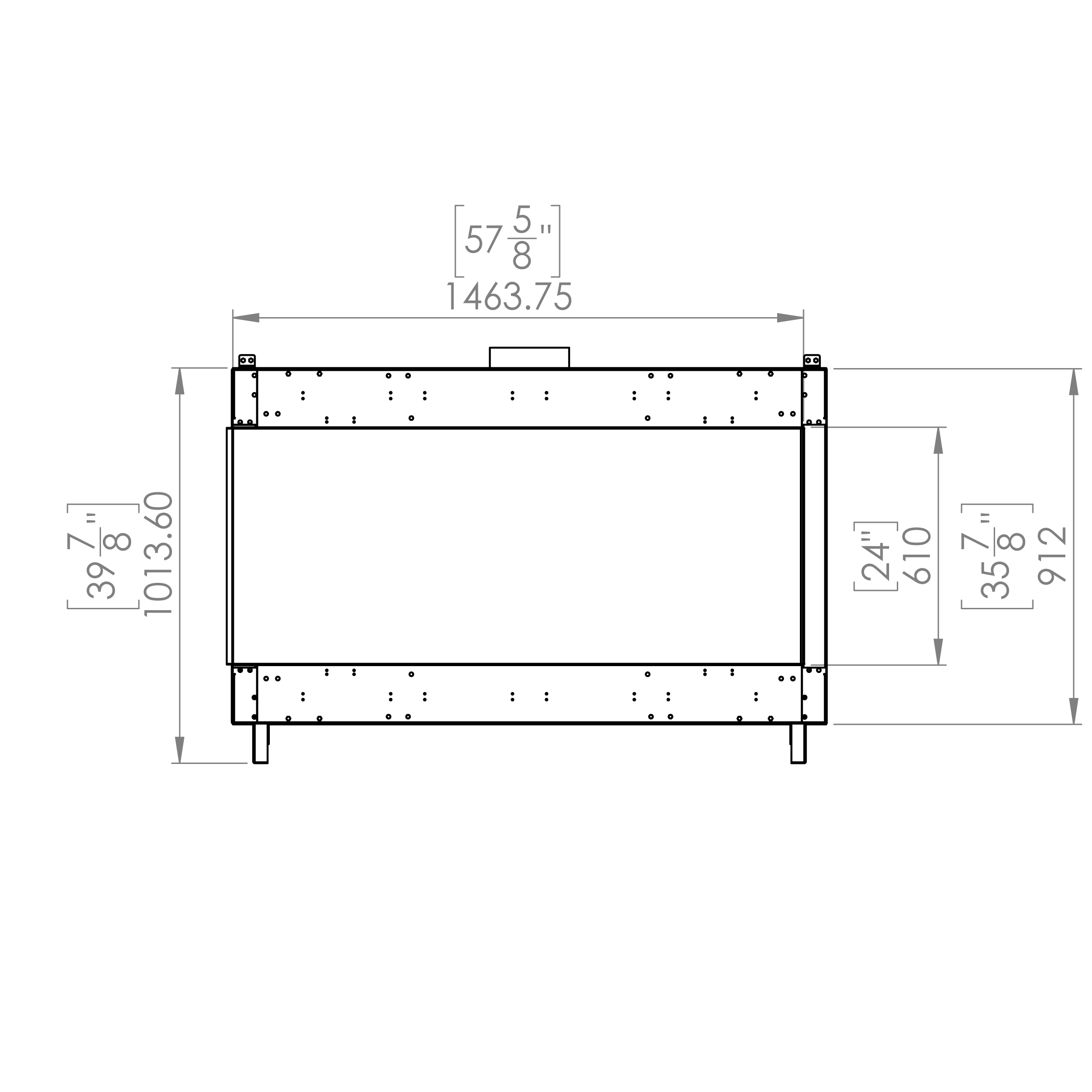 Flare left corner gas fireplace view with width and depth dimension markings