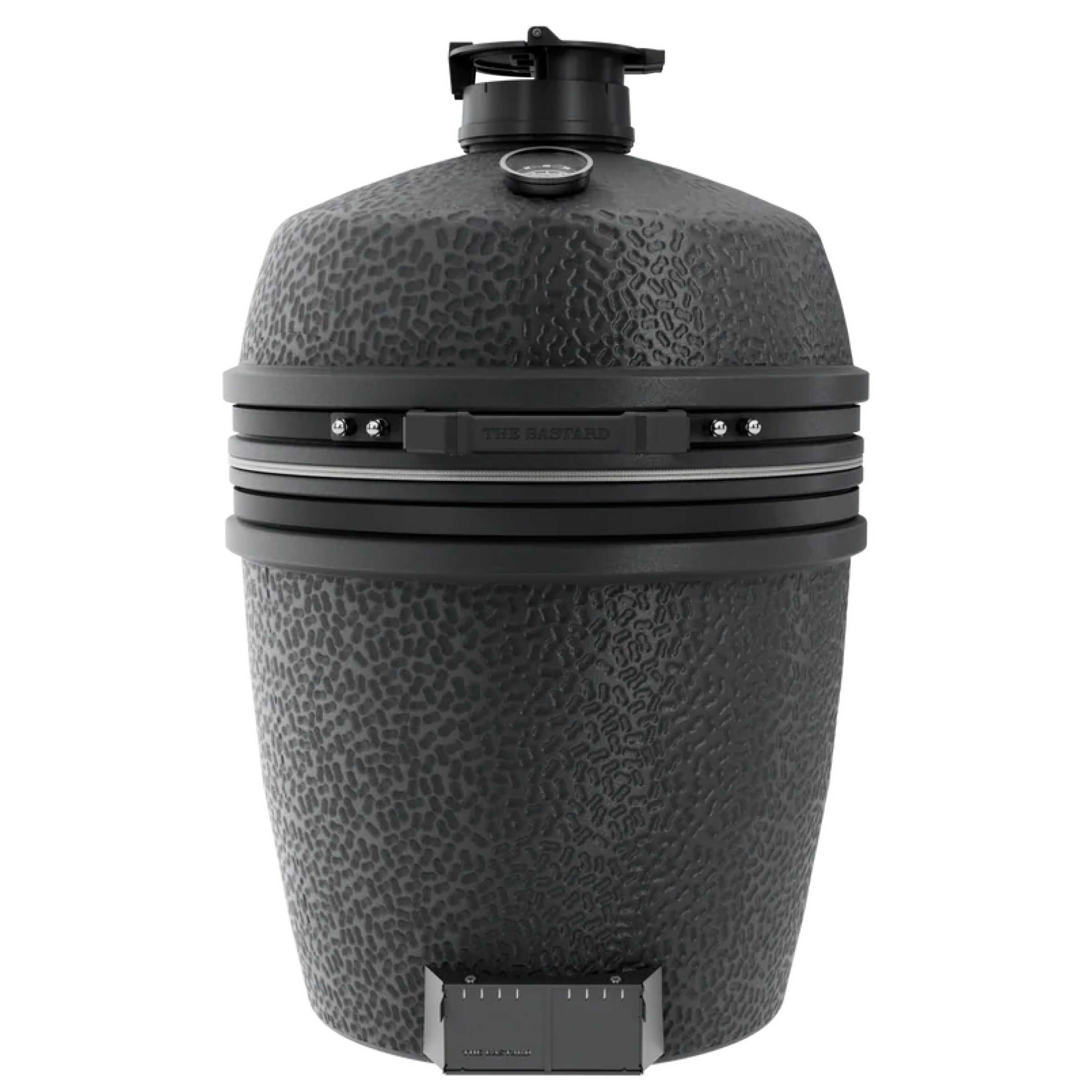 Large ceramic kamado-style grill, dark charcoal tone with black vent bands and latch