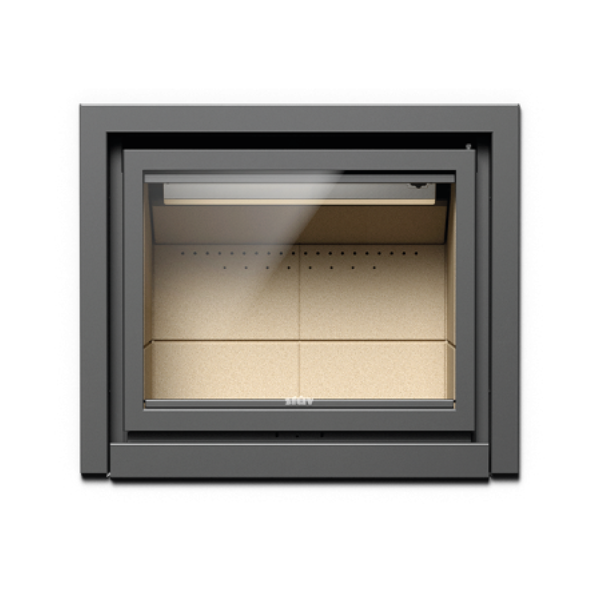 Dark metal fireplace wood insert with open front and interior firebox paneling