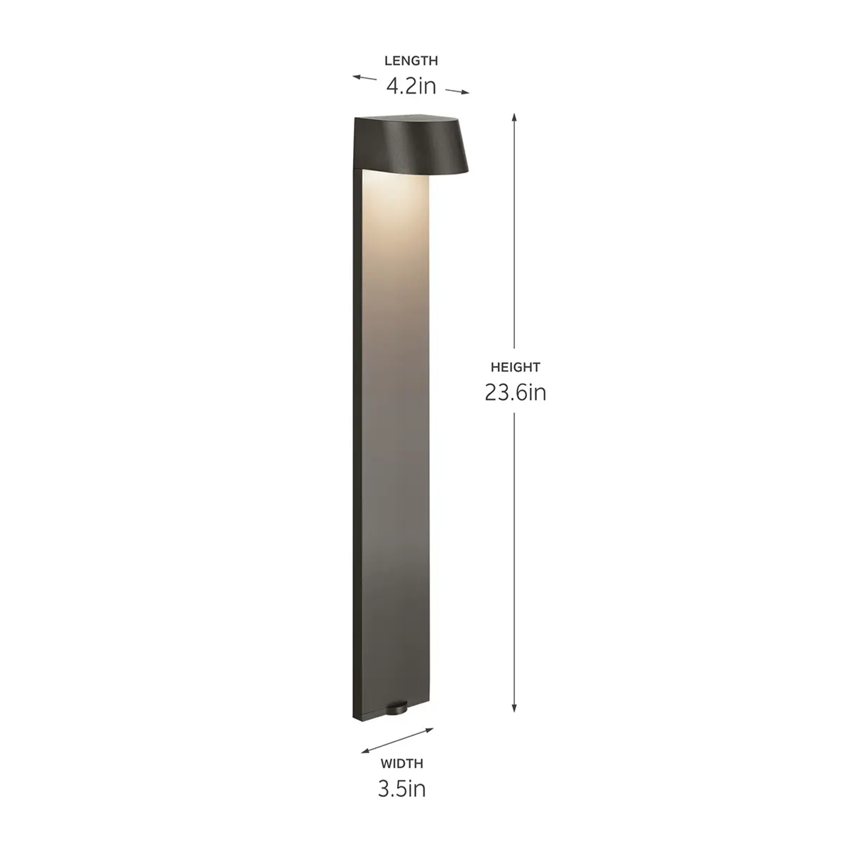 Flared-top path light, 23.6 inches tall, 4.2 inches long, and 3.5 inches wide.