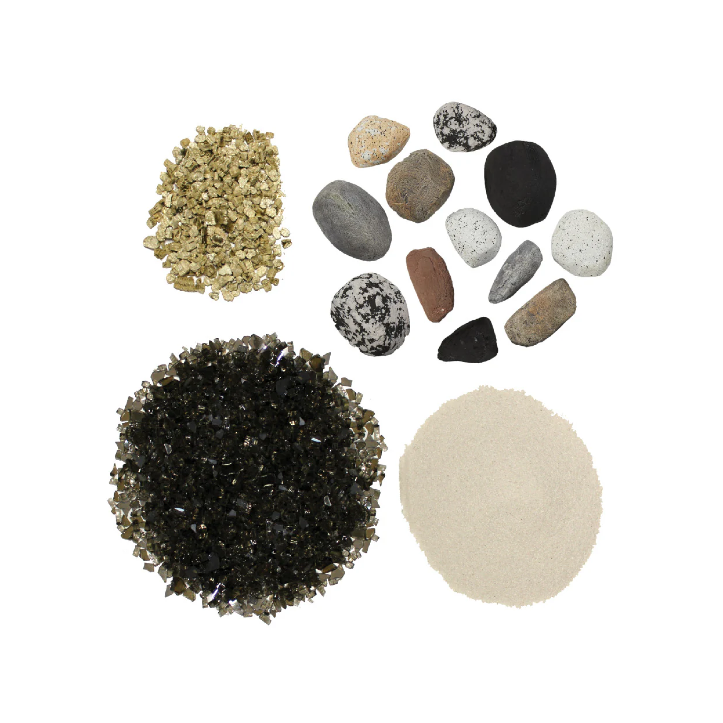 Assorted decorative stones and glitter pieces, mixed dark and light tones