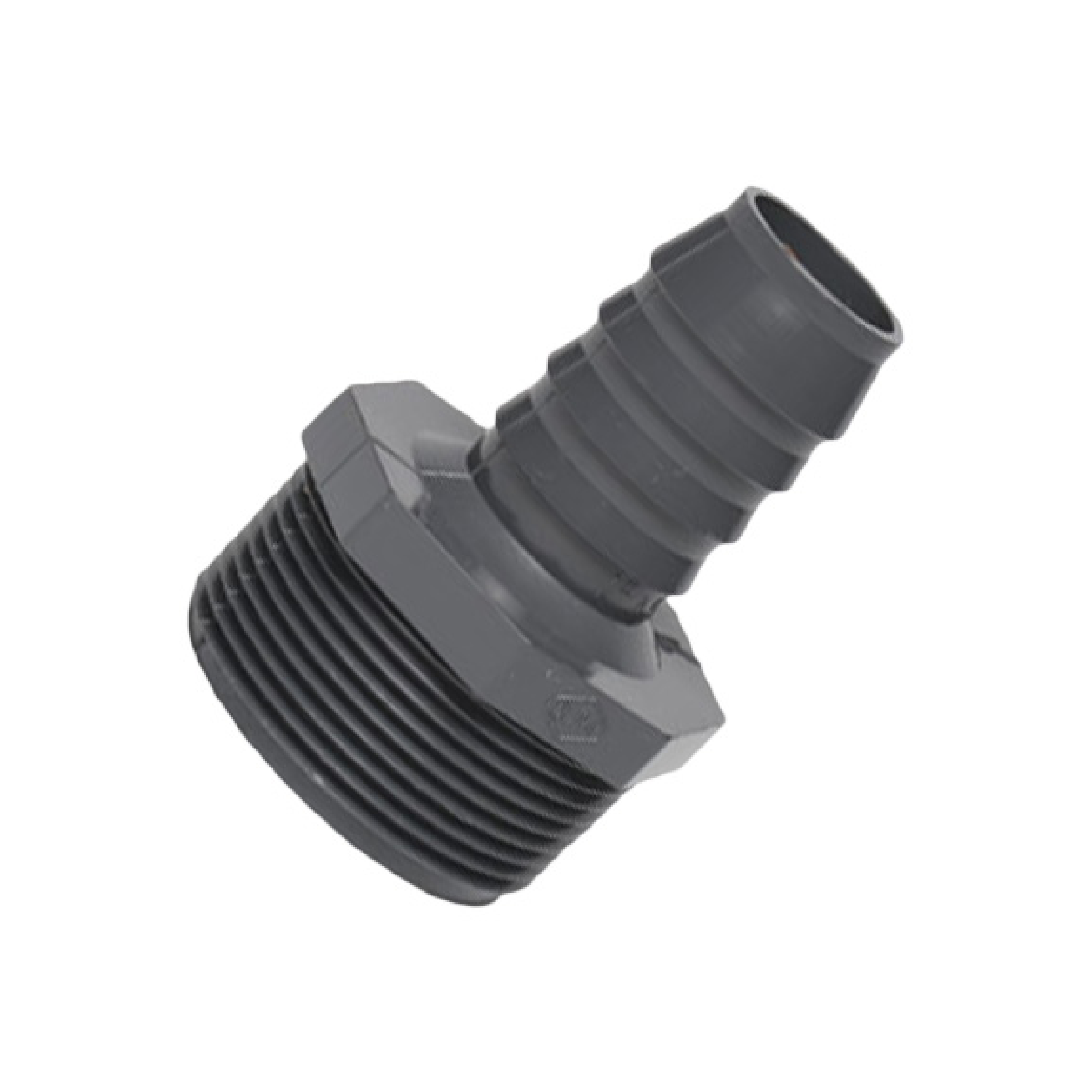 Male adapter fitting with 1 in MP threads and 1/2 in barbed end, dark gray plastic.