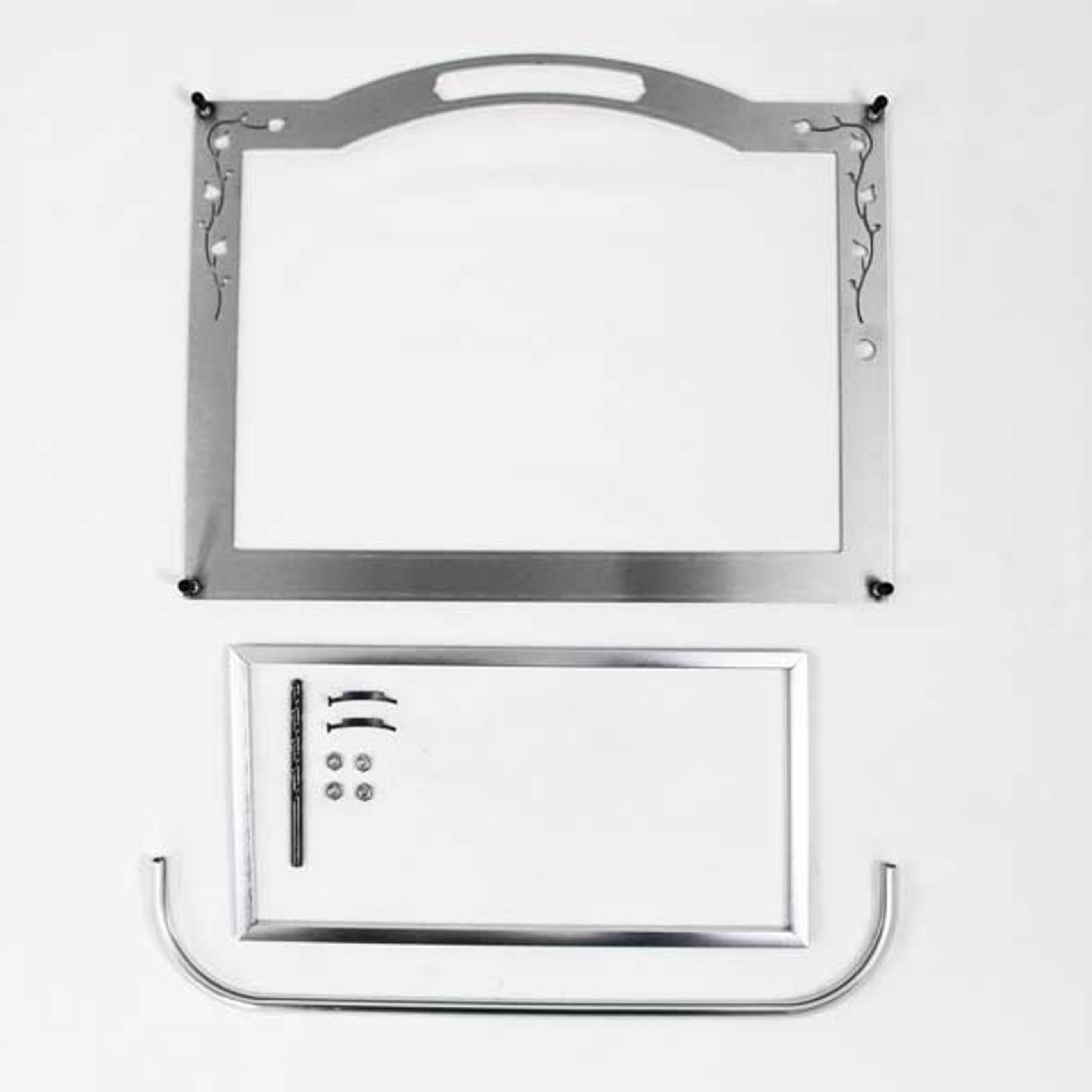 Metal pellet stove trim kit with rectangular frame and curved lower trim pieces