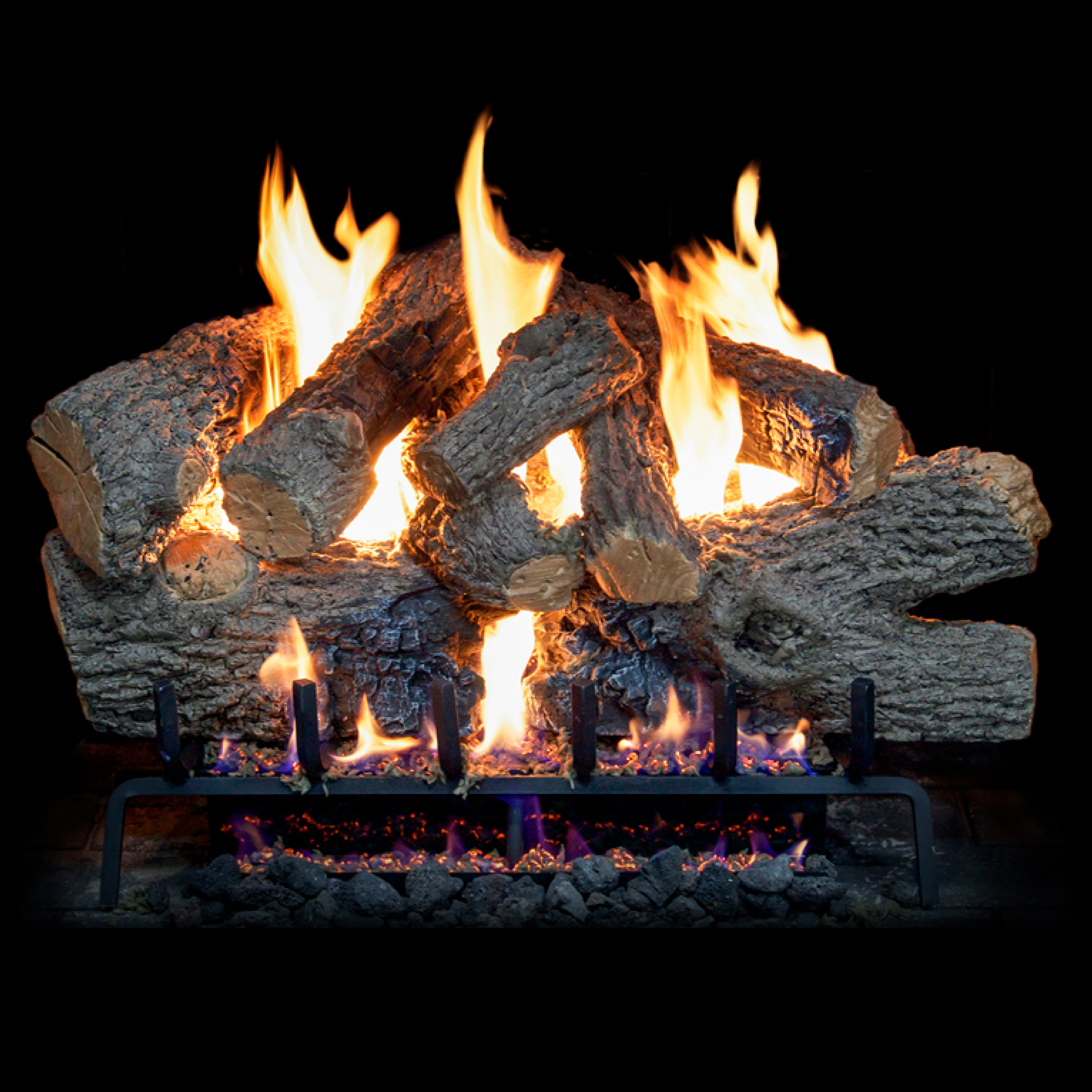 Charred English oak log set with several logs and visible flames