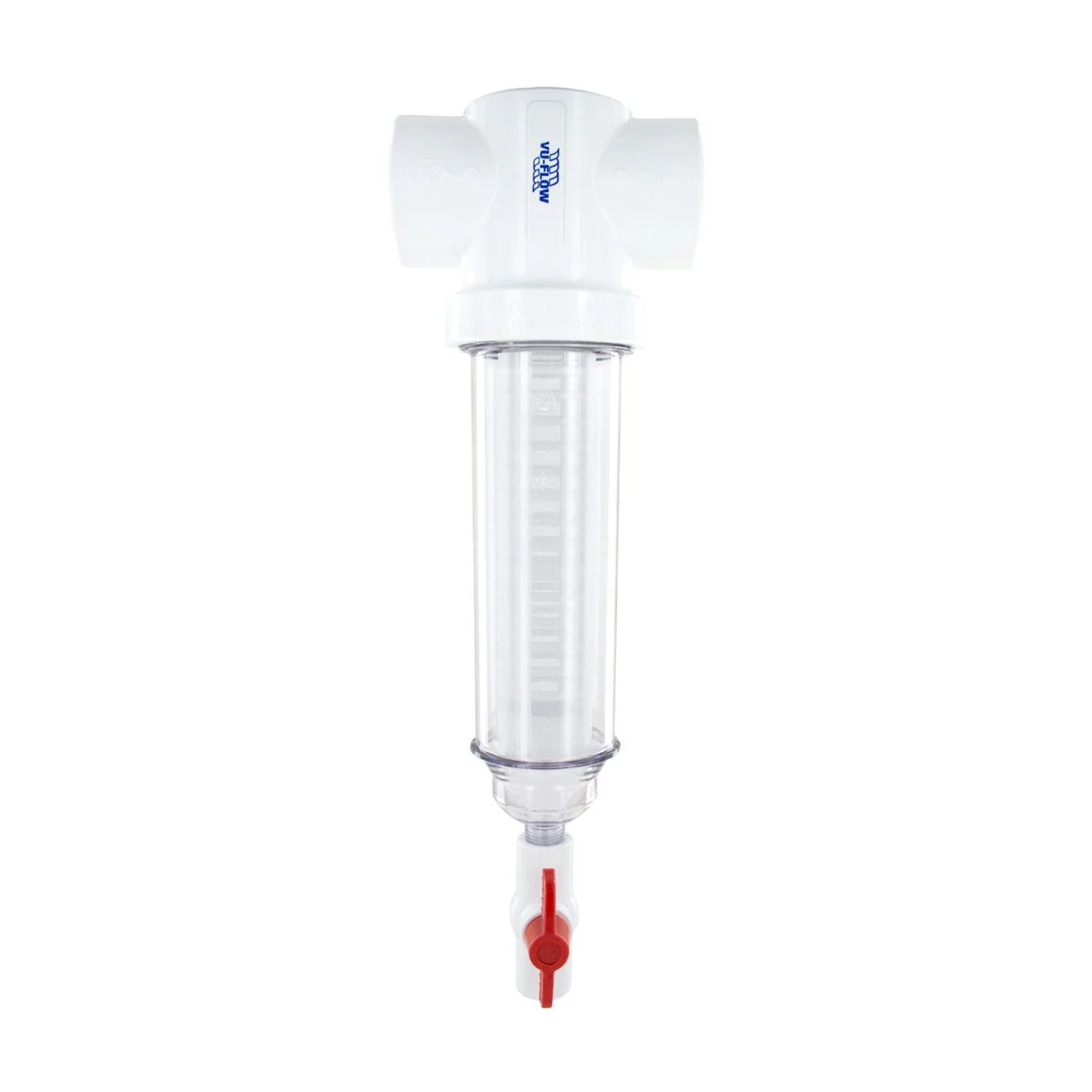 1 inch spin down filter with 100-mesh screen, clear body and red drain valve