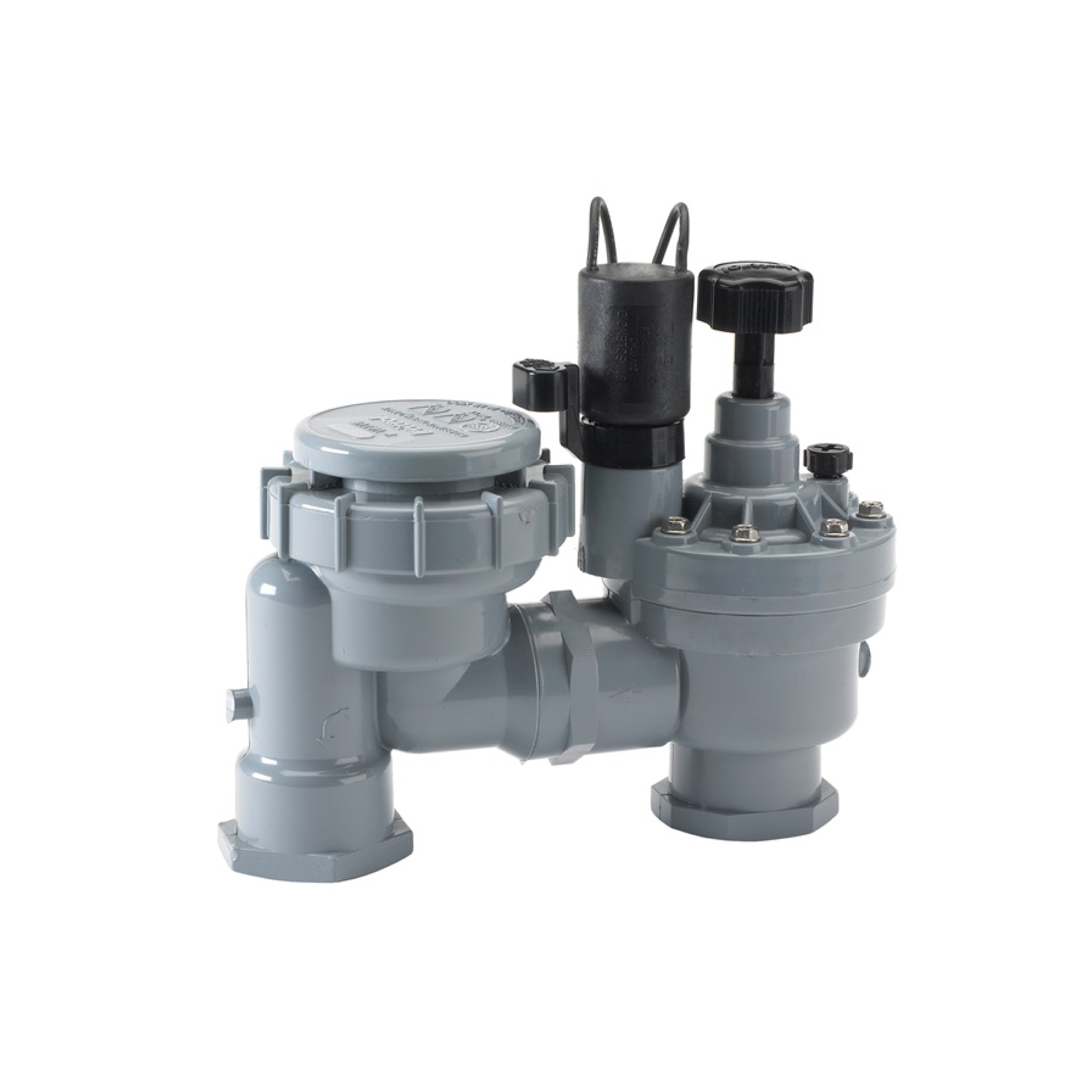 Irritrol 2700 electric anti-siphon valve assembly, gray plastic with black control cap and ports
