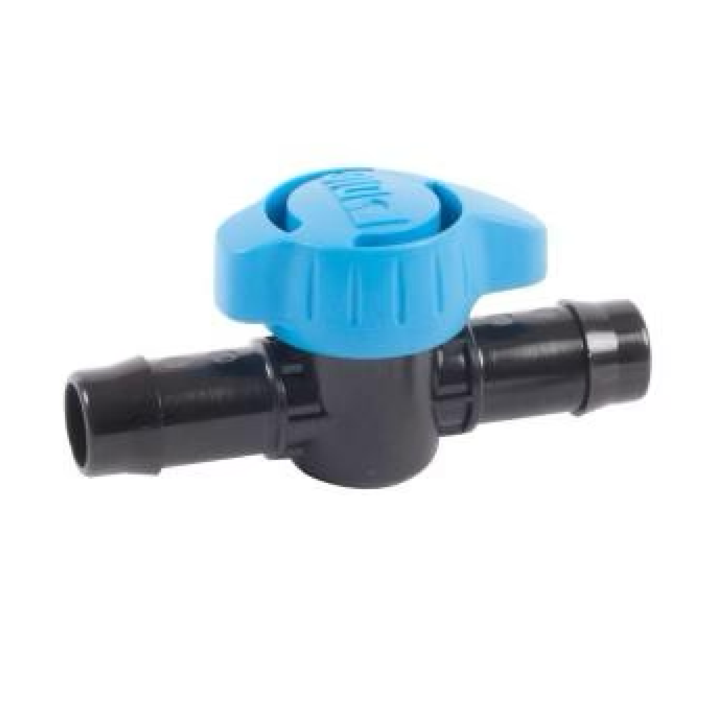 1/2 in barbed shut-off valve with blue knob and black push-connect ends