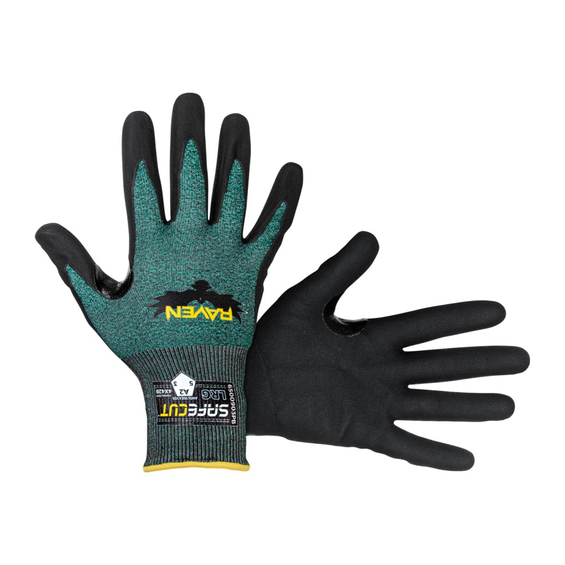 Raven Safecut nitrile foam safety glove, teal knit back with black coated palm