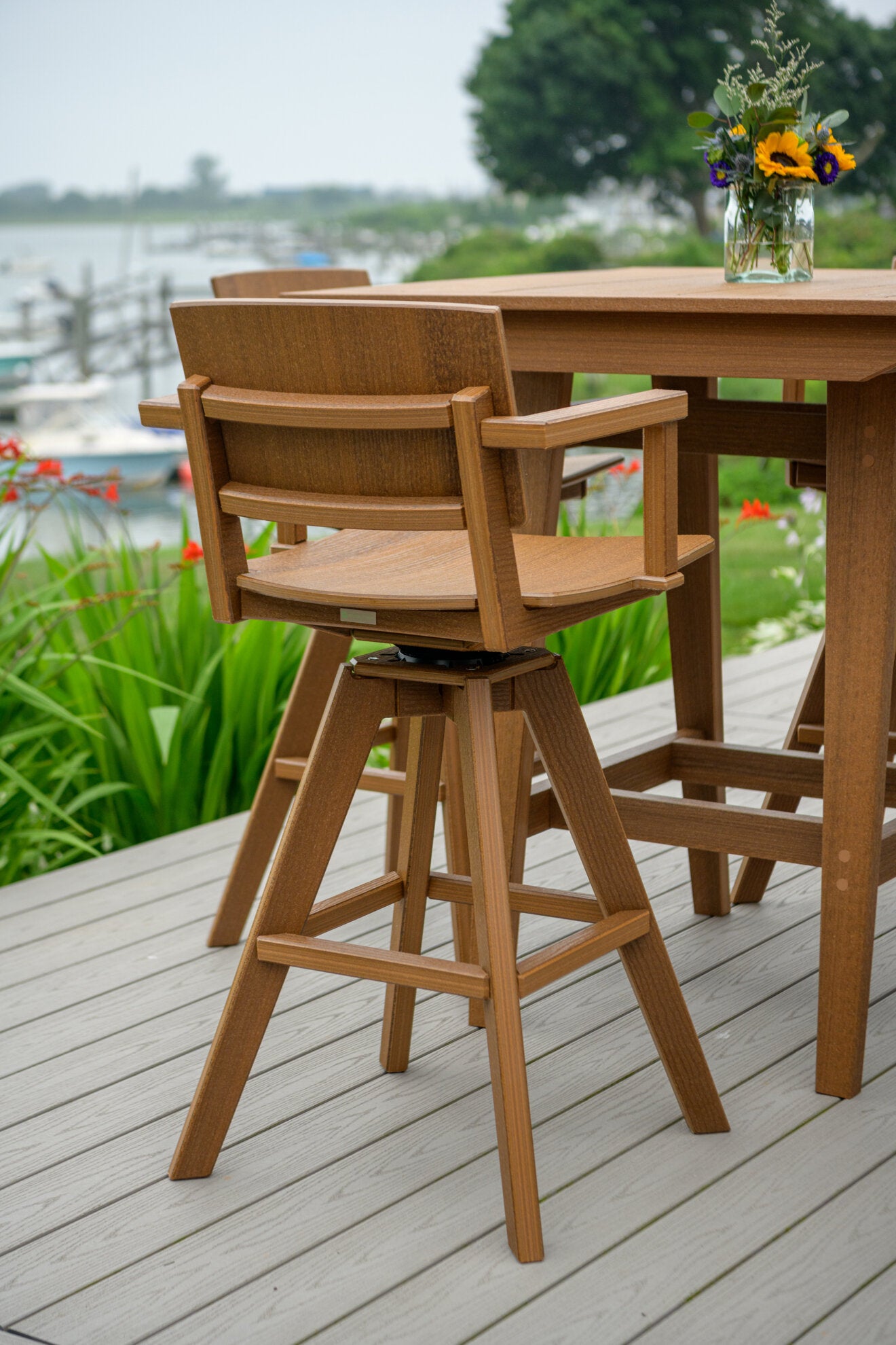 40" square balcony table with warm wood slatted tabletop and thick legs