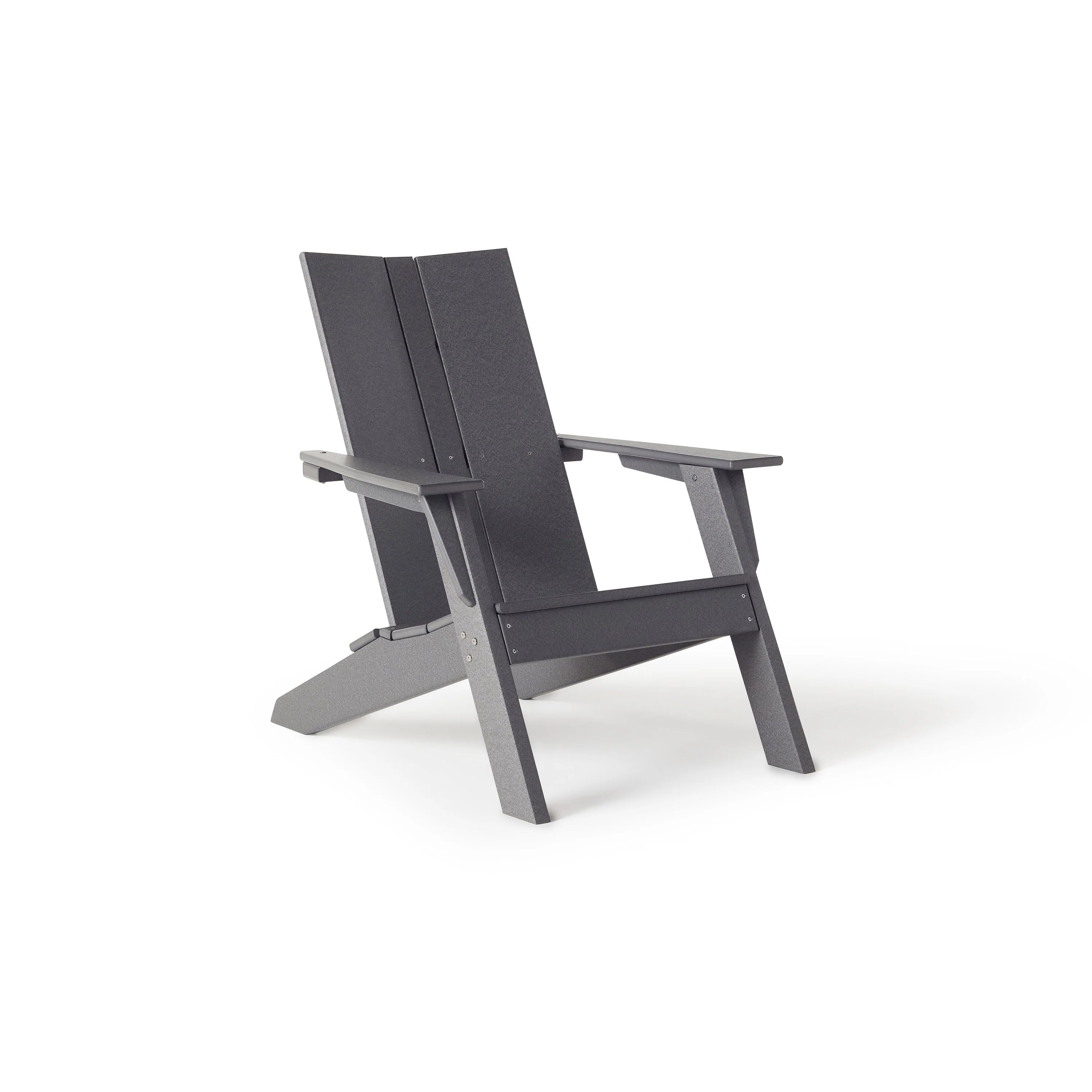 Dark gray Adirondack chair with slatted back, wide arms, and side kickstand legs