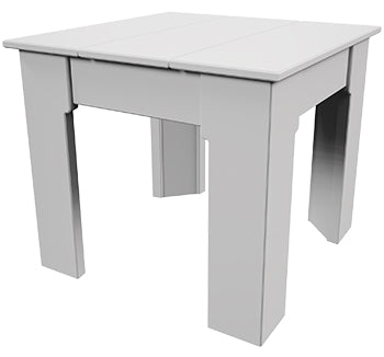 Rectangular side table with light gray finish and four straight legs, open underside