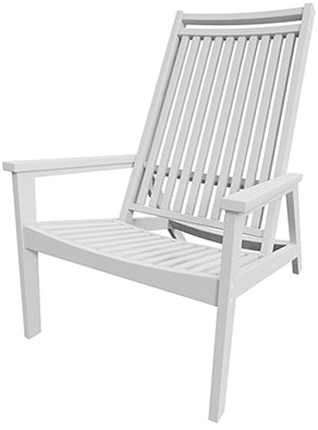 Natural recliner lounge chair with slatted back and seat, wide armrests, open frame