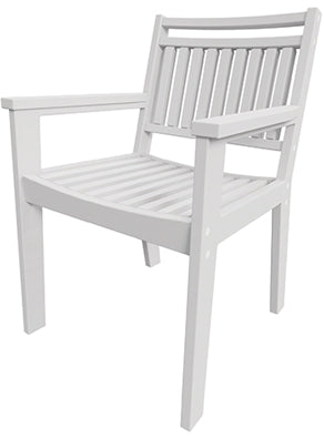 Natural wood dining arm chair with slatted back and seat, armrests, angled legs.
