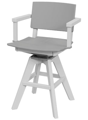 Balcony swivel chair with gray upholstered seat and back, white frame and footrest